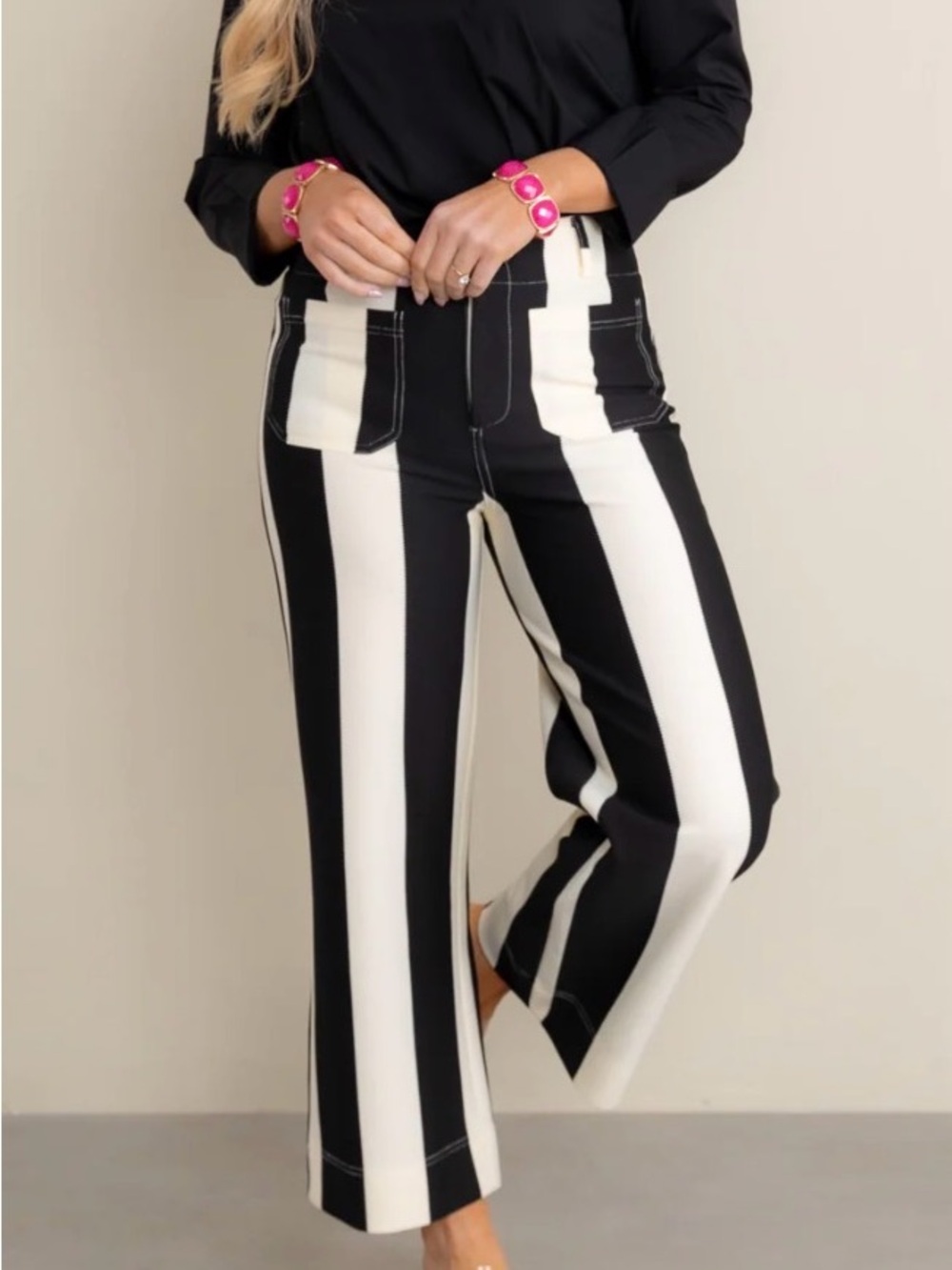Glam Women’s High-Waist Black & White Stripe Colette Wide-Leg Pants